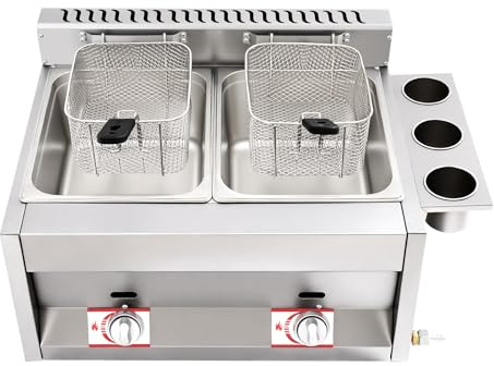 Loobiiny Gas Doppelfritteuse,Edelstahl Fritteuse Mit Zwei 6 L FrittierbehäLtern Und Korb,50–380 °C,Gewerbliche KüChentechnik,Frittiermaschine Fettfriteuse