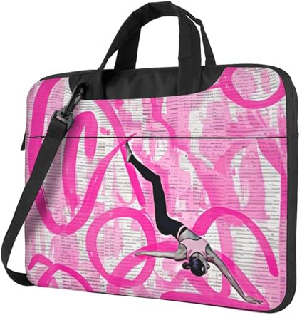 KCGSDEGV Turn-Laptop-Tasche, bedruckt, dreilagig, stoßfest, Crossbody-Laptop-Umhängetasche für Männer und Frauen, Rosa, Schwarz , 14 inch