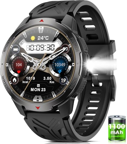 BOALZETD Smartwatch Herren - 1100mAh/30 Tage Langer Akkulaufzeit Fitnessuhr, 1,7'' HD Touchscreen Militär Uhr mit 3ATM Wasserdicht/LED-Licht/Kompass/Herz-Schlaftracking für iOS/Android, Schwarz