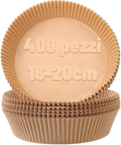 Terryshop74 Carta Forno per Friggitrice ad Aria 400 Pezzi – Tondi 20x4,5 cm Base 16 cm – Antiaderenti, Resistenti al Calore, Monouso, Adatti anche a Forno e Microonde (Marrone)