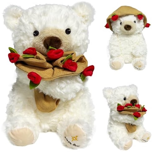 Orsacchiotto Peluche con Rosa, 30CM Orsacchiotto Peluche, Orso Di Peluche Per San Valentino, Teddy Bear Peluche, Orsacchiotto con Bouquet di Rose, Regalo per Compleanno, San Valentino, Natale (M1)