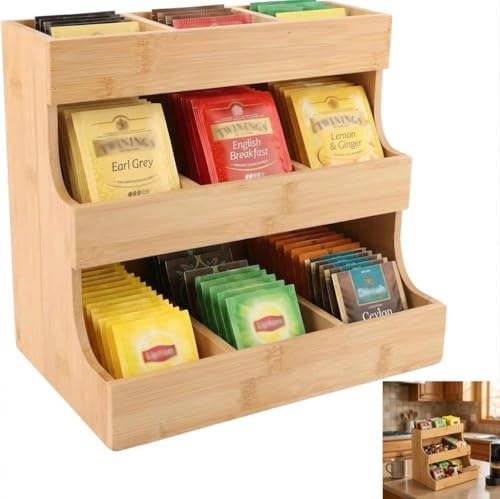 Teebeutel Aufbewahrung, Tee Organizer, Teebox aus Holz mit 9 Staufächern, Kaffeekapseln und Zuckerpäckchen, Teebeutel Organizer für Zuhause, Küche, Büro und Café, 17 x 26.5 x 24cm