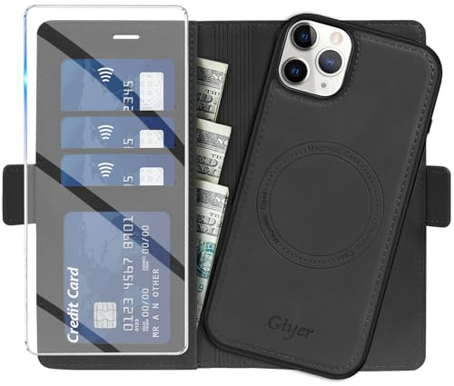Giyer Handyhülle für iPhone 11 Pro Max Hülle mit Schutzfolie,2 in 1 Abnehmbare PU Leder Wallet Standfunktion Kartenfach Magnetisch Schutzhülle für iPhone 11 Pro Max Klapphülle Case (Schwarz)