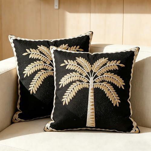 HOSTECCO Tropical Palm Tree Cushion Covers 45x45 cm Pack of 2, Embroidered Cotton Linen Decorative Square Pillow Covers for Sofa Living Room Boho Beach Decor, Black