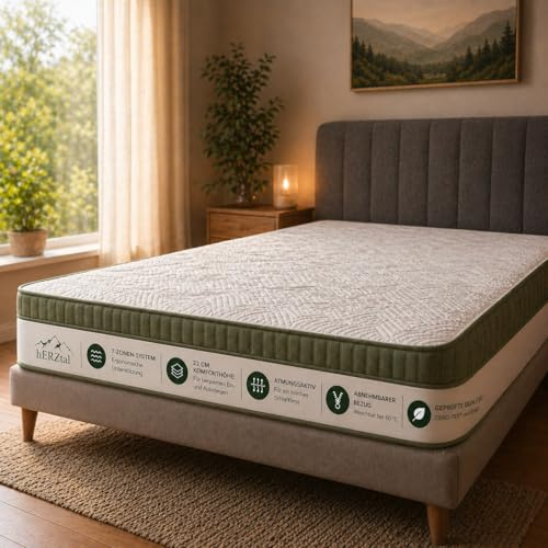 hERZtal 7-Zonen Taschenfederkernmatratze 22 cm – H2-H5 Härtegrade, beidseitiger Topper (weich/fest), ergonomisch & atmungsaktiv, Oeko-TEX, 30 Nächte Probeschlafen, gerollt geliefert (70x200 cm, H2)