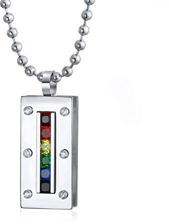 Bling Jewelry Personalisieren Sie Unisex Bunte Paare Cz Rechteckig Regenbogen Lgbtq Hundemarke Anhänger Halskette Männer Frauen Teens Silber Ton Edelstahl Anpassbar
