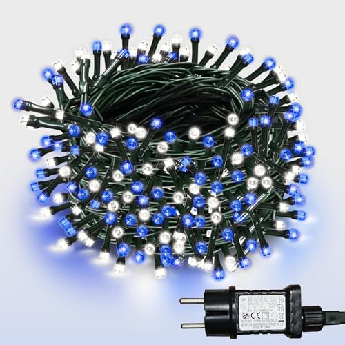 WISD LED Lichterkette 13m, 200er Blau und Weiß - Weihnachtsbeleuchtung auf Dunkelgrün Kabel mit Timer und EU Stecker - Innen und Außen Deko für Weihnachtsbaum, Balkon, Zimmer, Garten
