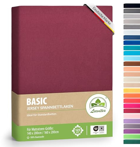 leevitex® Spannbettlaken 140x200cm - 160x200 cm | Spannbetttuch Bettlaken | 100% Jersey Baumwolle | Matratzenhöhe bis 25 cm | Öko-Tex | Bordeaux/Weinrot