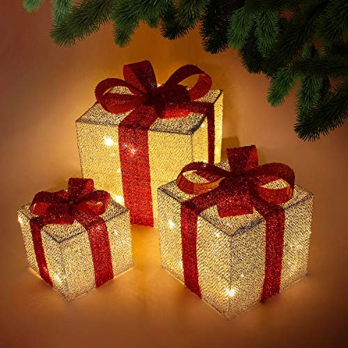 HMSR® Christmas Decorations Sale Pre Lit Light Up Christmas Glitter Parcels Gift Box Illuminated Presents Ornaments Battery Operated Set of 3 (Silver)