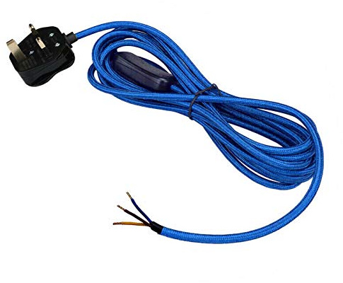 Industrielle Deckenleuchte mit Stecker, Pendelleuchte mit E27-Lampenfassung, 4 m Stoffkabel, 3-polige Pendelleuchte mit Stecker und An/Aus-Schalter (Blau)