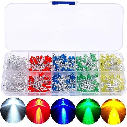 MINGZE 3mm 5mm LED Diodes, Diffused 2 Pin Round Head Light Emitting Diode Resistor, 5 Assorted Colors LED Lamps White Red Yellow Green Blue Kit Box (200 Pieces)