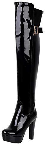 MISSUIT Damen Lack Overkneestiefel High Heels Blockabsatz Boots Plateau Stiefel mit Schnallen und Reißverschluss(Schwarz,40)