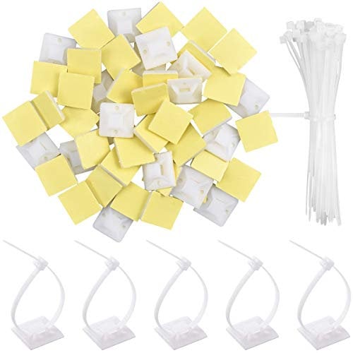 Cable Ties Adheasive Mounts, 100mm x 3mm White Nylon Zip Tie with Self Adhesive Tie Wraps Base Holder Sticky Pads Cable Organizer for Home Office Garage and Workshop (100 Pack)