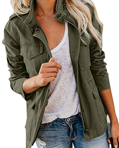 Pepochic Womens Military Jacket Zip Up Snap Buttons Lightweight Utility Anorak Field Safari Coat Outwear Army Green