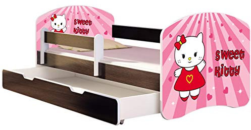 ACMA Kinderbett Jugendbett mit Einer Schublade und Matratze Wenge mit Rausfallschutz Lattenrost II 140x70 160x80 180x80 (15 Sweet Kitty, 180x80 + Bettkasten)
