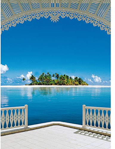 Vlies Fototapete mit Urlaub Paradies | Tropische Insel Fototapete mit Meerblick von Terrasse | 3D Palmen Tapete in Blau Weiß ideal für Wohnzimmer