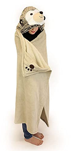 NOXXIEZ Kinder Decke mit Kapuze - kuschelig weiche Fleecedecke im Kuscheltier-Look für Jungs, Mädchen, Sommer, Winter, Camping und als Kuscheldecke (Igel)
