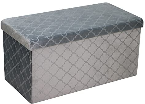 Folding Storage Ottoman Velvet Lattice Storage Box Pressed Velvet Seat Stool Chair Footstool Pouffe Bench (76cm x 38cm, Silver Grey)