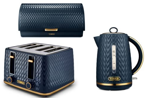 TOWER Empire Midnight Blue 1.7L 3KW Jug Kettle, 4 Slice Toaster and Roll Top Bread Bin. Stylish Art Deco Design Kitchen Set in Blue