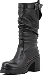 QUEEN HELENA Stivali di Pelle con Tacco Plateau Biker Arricciati Invernali Donna QH21L48 (Nero Pu, numeric_39)
