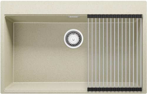 Oslo Top de Primagran - Fregadero de Cocina Beige 78x50cm, Granito 1 Seno + Sifón + Accesorios, Sobre Encimera al Mueble 80cm