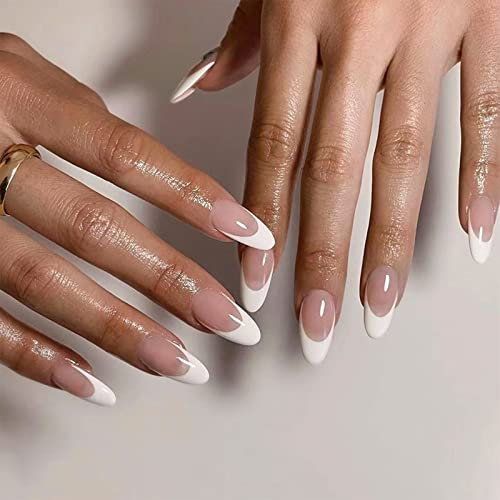 Agasar 24pcs French False Nails White Tip Stick on Nails Long Press on Nails Nude Removable Glue-on Nails Fake Nails Women Girls Nail Art Accessories