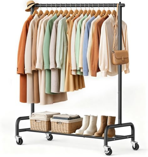 SLEEPING LAMB Heavy Duty Clothing Racks for Hanging Clothes Rack, 43 Wide Rolling Garment Rack Metal Clothing Hanger Rack with Wheels Wardrobe Rack for Coats, Shirts, Dress, (Black)