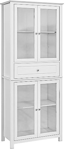 HOMCOM Alacena de Cocina Mueble Vitrina con 4 Puertas de Vidrio Templado Cajón y Estantes Ajustables para Salón Comedor 74x35,5x181,5 cm Blanco