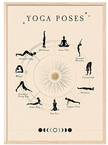 JUNOMI® Yoga Poster DIN A2 | Yoga Zubehör für Studios und Übungen Zuhause, Boho Deko, Yoga Deko, Yoga Übungen, Meditation | mit Rahmen Natur