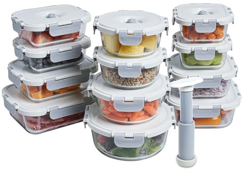 FineDine Vacuum Seal Glass Food Storage Containers With Hand Pump, 25 Piece Set, Airtight Pantry Kitchen Storage Containers w/Lids, Meal Prep Containers for Lunch, Leftovers