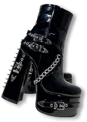 Frankie Hsu Stivaletti da donna gotici con plateau grosso, tacco alto, con rivetti a catena in argento verniciato, stile punk Y2K Hot Girl Gothic, scarpe da donna e uomo, nero, 37 EU