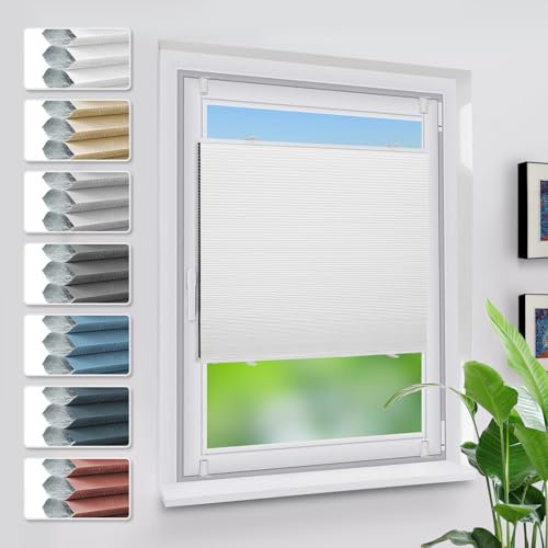 Grandekor Verdunklungsplissee Wabenplissee ohne Bohren Weiß-Weiß 85x200cm (BxH) Klemmfix Plissee ohne Bohren Verdunkelung Thermo Rollo Wärmedämmung, Privatsphäre - & Sonnenschutz