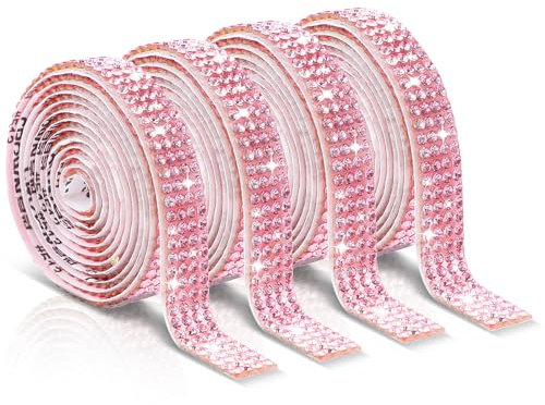 Telooco 4 Rollen Selbstklebendes Strassband Strasssteine Selbstklebend Glitzer Kristall Glitzerband Aufkleber Verpackungsrollen für DIY Handwerk Kleidung Spiegel (4 Reihen à 1 Yard, Rosa)
