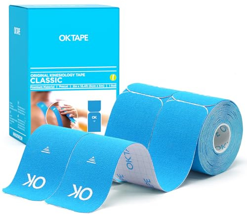 OK TAPE Ruban de kinésiologie pré-découpé de 25 cm de long et 5 cm de large, en coton élastique sans latex, 5cmx5m,2 Rouleaux, Bleu clair