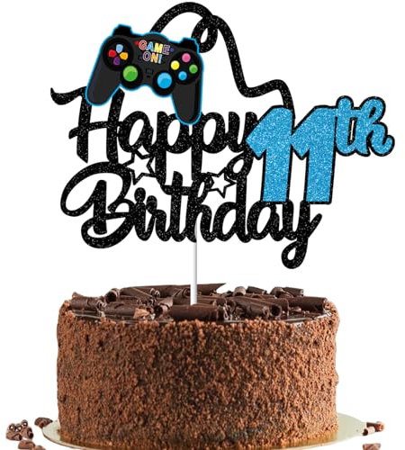 Gidobo Happy 11th Birthday Cake Topper for Boys, Glittery Video Game Cake Toppers Game On with Controllers for Eleven Years Old Birthday Party Supplies