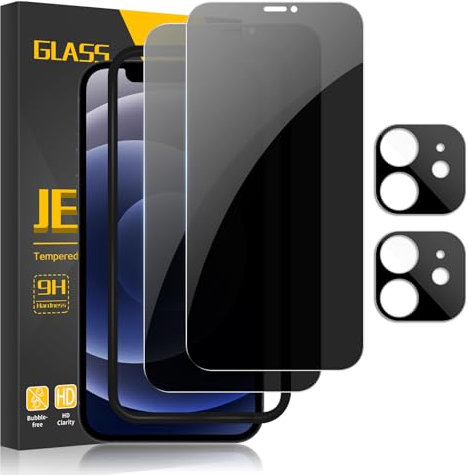 JEHOO [2+2 Pièces] Verre Trempé Anti Espion pour iPhone 12 6.1 Pouce, 2pcs Protection Écran et 2pcs Caméra Arrière Protecteur [Confidentialité Protection][Dureté 9H][Antichoc Anti Rayure Vitre]