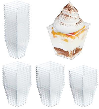 Relaxdays Coupes à dessert, lot de 50, verrines réutilisables, pour tiramisu, pudding, etc., plastique, transparentes