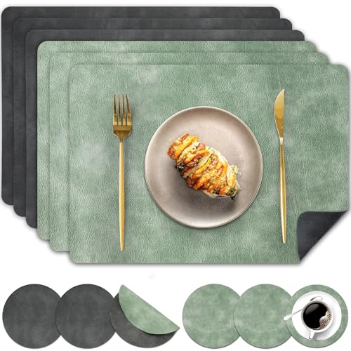 Pixieora Tischsets Abwaschbar und Untersetzer, Tischset Kunstleder Doppelseitigen rutschfest Platzsets in Lederoptik Platzdeckchen Telleruntersetzer (Grau Salbeigrün, 6er Set)