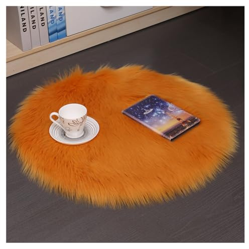 Hrlace Lammfell Schaffell Teppich Rund Kunstfell Teppich Waschbar Weich Fellteppich Flauschiger Longhair Stuhlauflage Nachahmung Wolle Bettvorleger Sofa Matte für Heimdekoration Orange 30 * 30cm