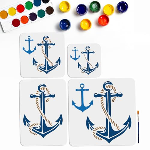 MAYJOYDIY 4 Stück Anker Schablonen 15~30 cm 4 Größen Schablone Mit Nautischem Thema Und Pinsel Wiederverwendbar Sommer Meer Ozean Boot Schiff Anker-Schablone Für Holz Leinwand Stoff Wand Möbel Dekor