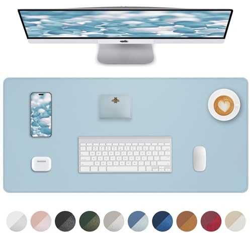 AFIING Schreibtischunterlage aus PU Leder, Große Mausmatte, Rutschfest & Wasserdicht, Tischunterlage für Büro, Homeoffice und Studium (90 x 43 cm, Hellblau)