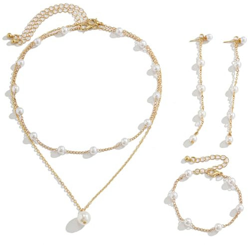 Lucktao 4 Stück Perlen Schmuck,Schmuckset Gold,Perlenkette für Damen Perlenohrringe Armband Perlen Schmuck Set Verstellbare Perlenkette Halskette Armband Perlen Tropfen Ohrringe Brautschmuck