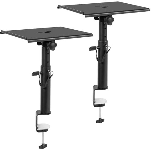 BQKOZFIN Set of 2 Desktop Clamp Speaker Stands, Height Adjustable Studio Monitor Stands, Clamp-on Desk Speaker Stands with Adjustable Tilt Angle Tray of 0-12° for Bookshelf Monitor Speakers (Black)