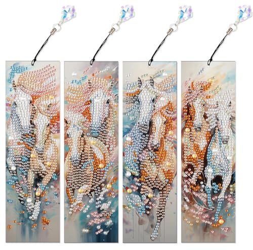 DCIDBEI 4 Pack Diamond Painting Lesezeichen Bunt Set Malen nach Zahlen | Erwachsene Seite Markierungen Clip Bookmark Für Bücher Seitenmarkierungsclip Lesezeichen Lesen Zubehör Studenten Lehrer Pferd