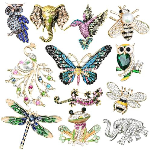 Lot de 12 broches pour femme avec strass en forme de papillon, libellule, colibri, chouette, paon, cadeau de Noël, 12 styles, Small, Alliage de zinc, diamants pointillés
