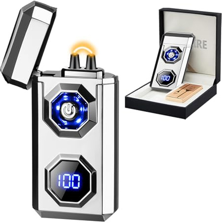 SKRFIRE Elektrisches wiederaufladbares USB C Arc Plasma Feuerzeug High Power Flamme Cool Windproof Elektronisches Kerzenfeuerzeug mit LED Taschenlampe für Kerzen, Feuerwerk, Räucherstäbchen (Silber)
