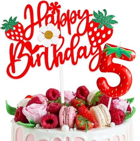 Strawberry Cake Decorations with Happy Birthday Cake Toppers and Birthday Candles Number 5, 5th Birthday Party Decorations for Girls