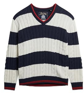 Superdry Damen Gestreifter Übergröße-Pullover mit Zopfmuster und V-Ausschnitt