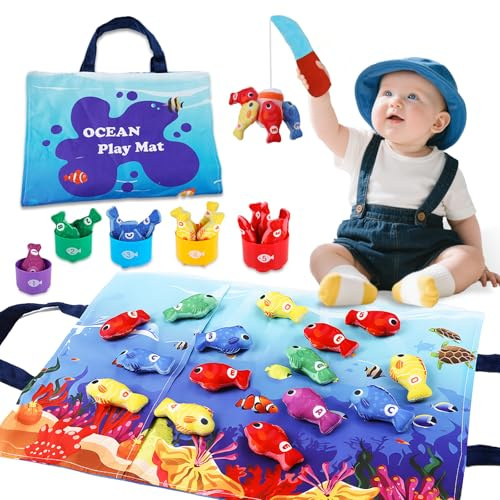 Toddlers Montessori Toys for 1 Year Old Boys Girls, 22pcs Fishing Game | Sensory Toys for Baby 1-3 Ages 12-36 Mons Counting, Color Sorting, Stacking, Shape, Letter Learning Gifts (Sea style)