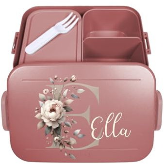Mepal Bento Lunchbox Take a Break personalisiert, Brotdose mit Fächern Einsatz, Lunch Box mit Name, Bento Box Set Blumen Buchstabe Initiale Midi Rot